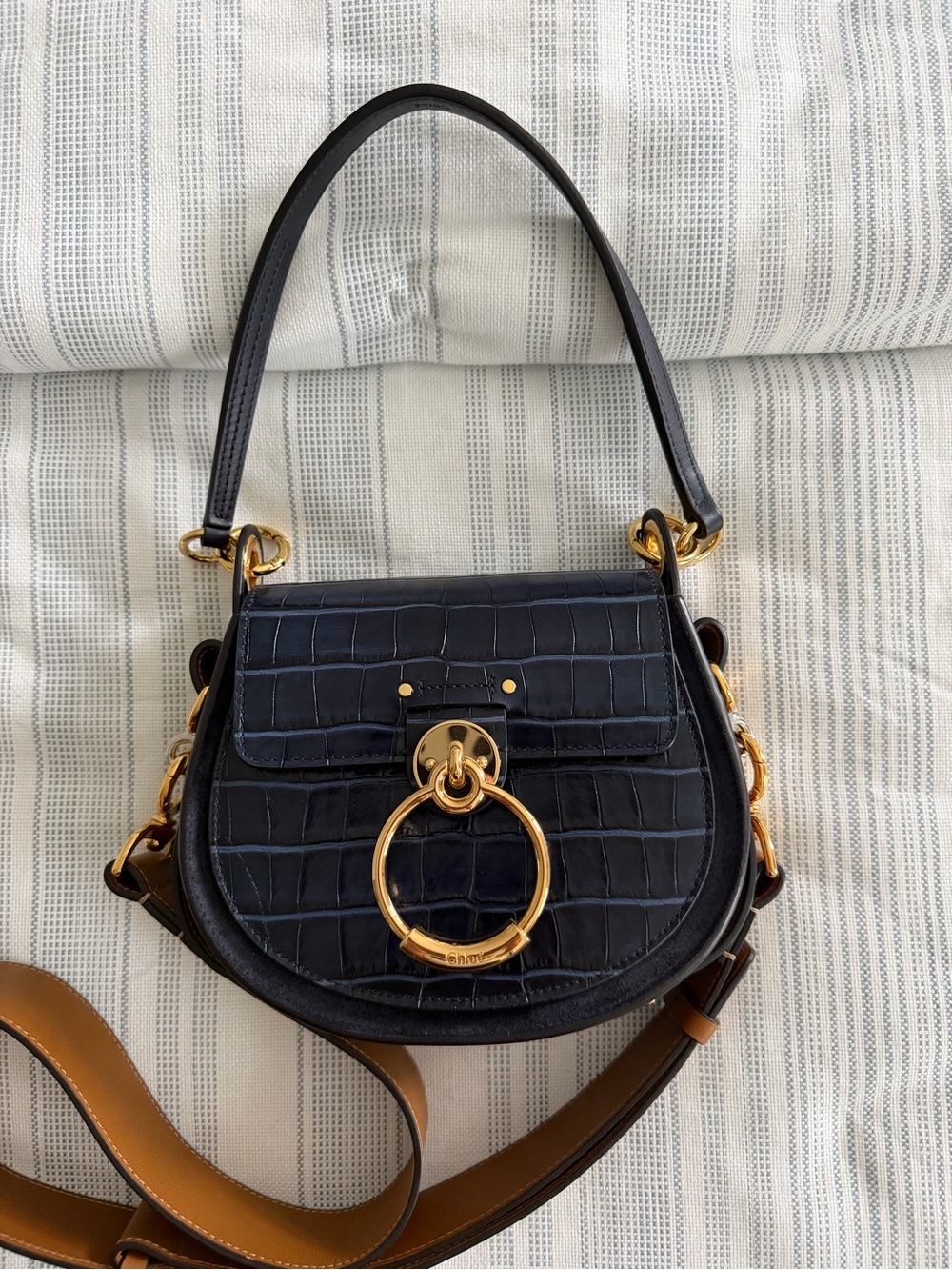 Chloe Navy structured  Croc-Embossed Leather Shoulder Bag Gold Ring Hardware